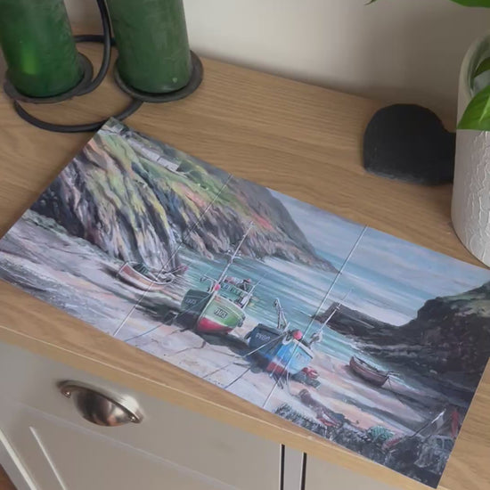 Video shows the self-sealing greetings card from Bare Cards from the John L Harris Collection - a trifold card showing a painting of a British Coastal Scene - Fishing Boats, Portloe. The Video shows how to fold, seal and write your card.