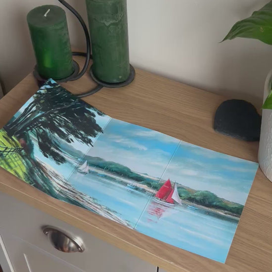 Video shows the self-sealing greetings card from Bare Cards from the John L Harris Collection - a trifold card showing paintings of British Landscape Scenes  - Red Sails on the Fal. The Video shows how to fold, seal and write your card.