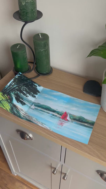 Video shows the self-sealing greetings card from Bare Cards from the John L Harris Collection - a trifold card showing paintings of British Landscape Scenes  - Red Sails on the Fal. The Video shows how to fold, seal and write your card.