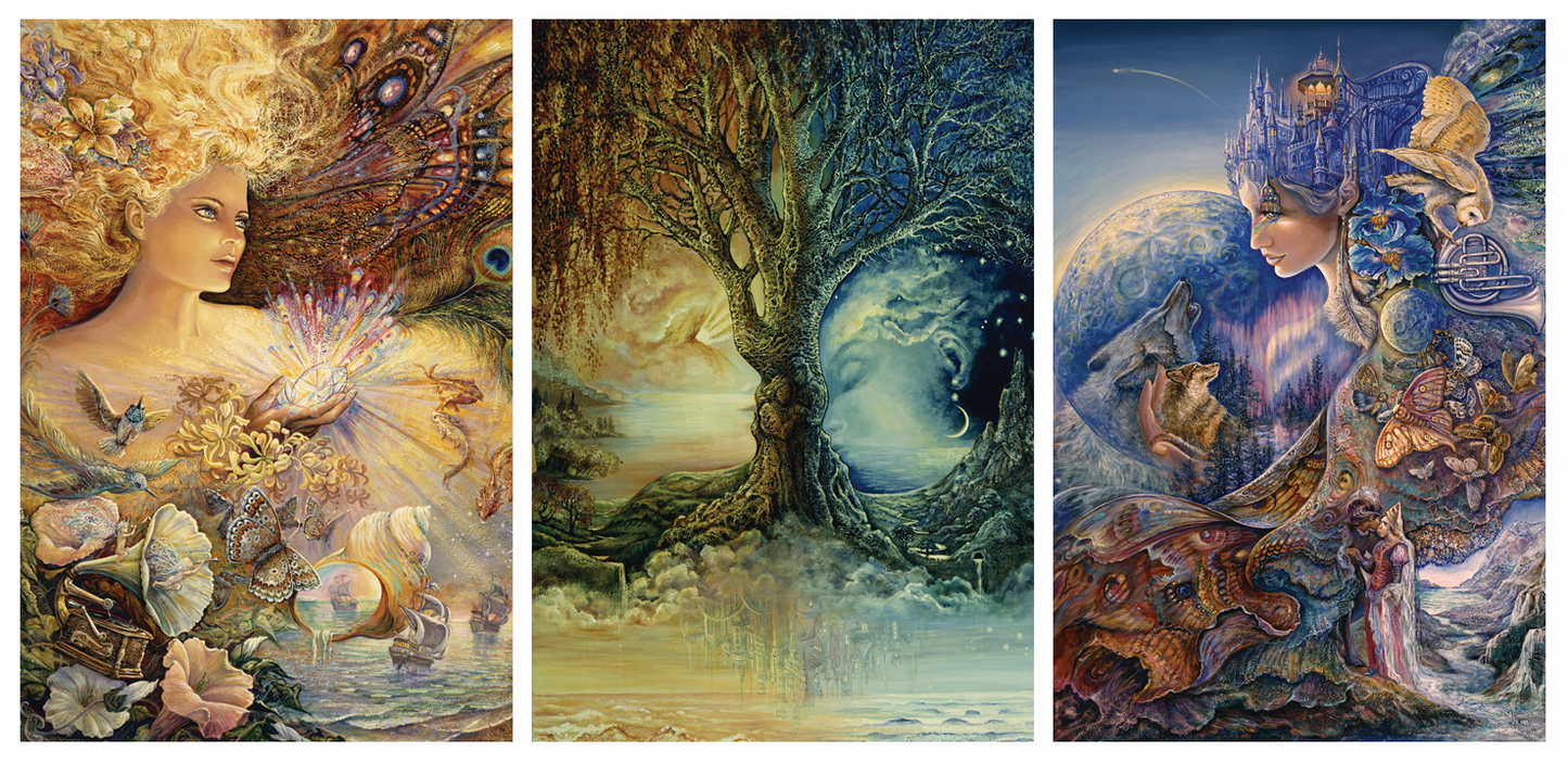 front of sustainable greetings card with Three artistic panels depicting fantasy scenes with intricate details and vibrant colors.