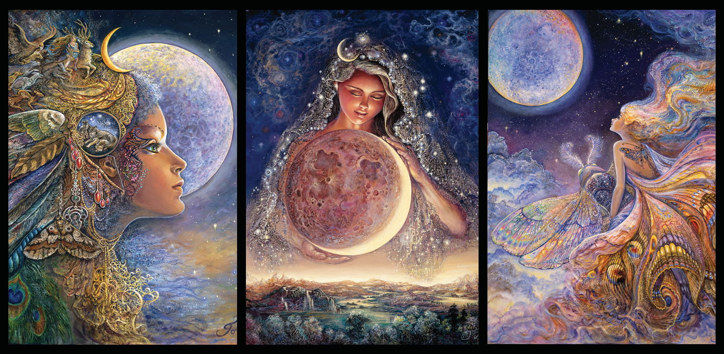 front of sustainable greetings card with Triptych of artistic illustrations featuring celestial beings and moon phases.