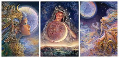 front of sustainable greetings card with Triptych of artistic illustrations featuring the moon goddess Diana with celestial themes and moon phases.