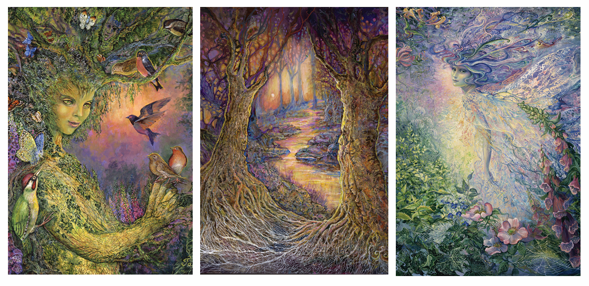 front of sustainable greetings card with Three-panel artwork depicting a woman, tree, and nature scene with vibrant colors.