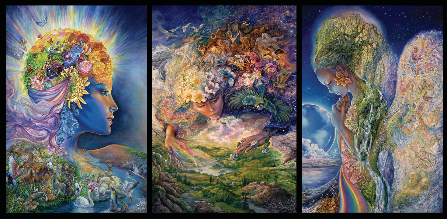 front of sustainable greetings card with Triptych of artistic portraits featuring the goddess Gaia with natural elements in her hair and surroundings.