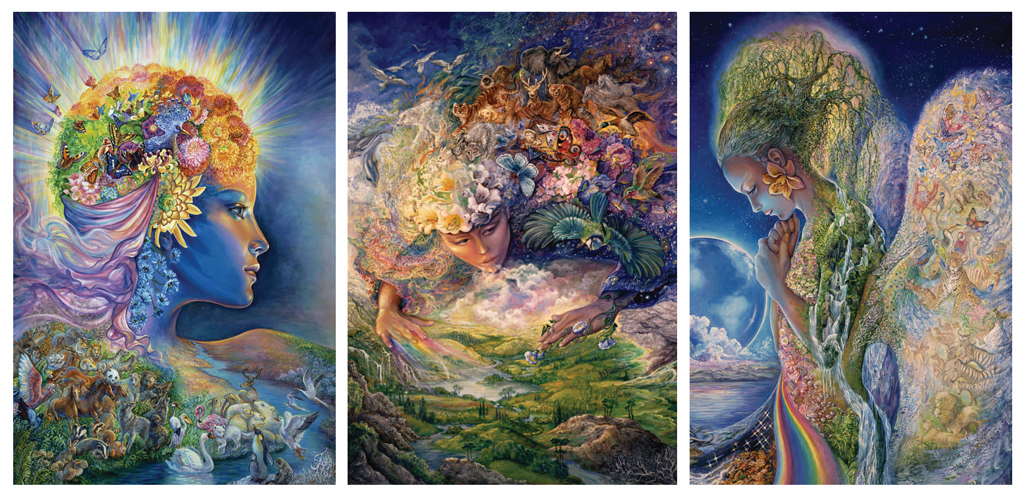 front of sustainable greetings card with Triptych of artistic portraits of the goddess Gaia with natural elements and vibrant colors.