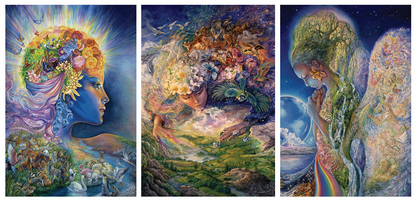 front of sustainable greetings card with Triptych of artistic portraits of the goddess Gaia with natural elements and vibrant colors.