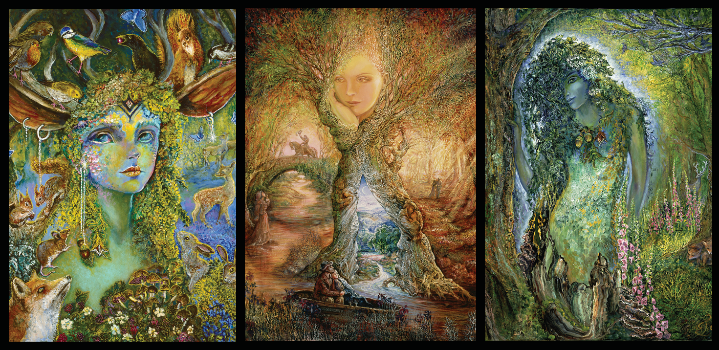 front of the sustainable self-sealing trifold greetings card featuring a Triptych artwork with nature-themed figures and elements
