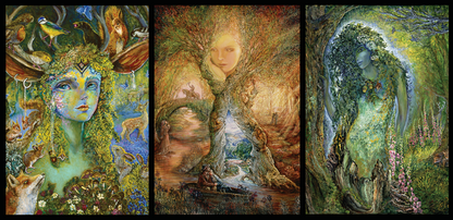 front of the sustainable self-sealing trifold greetings card featuring a Triptych artwork with nature-themed figures and elements