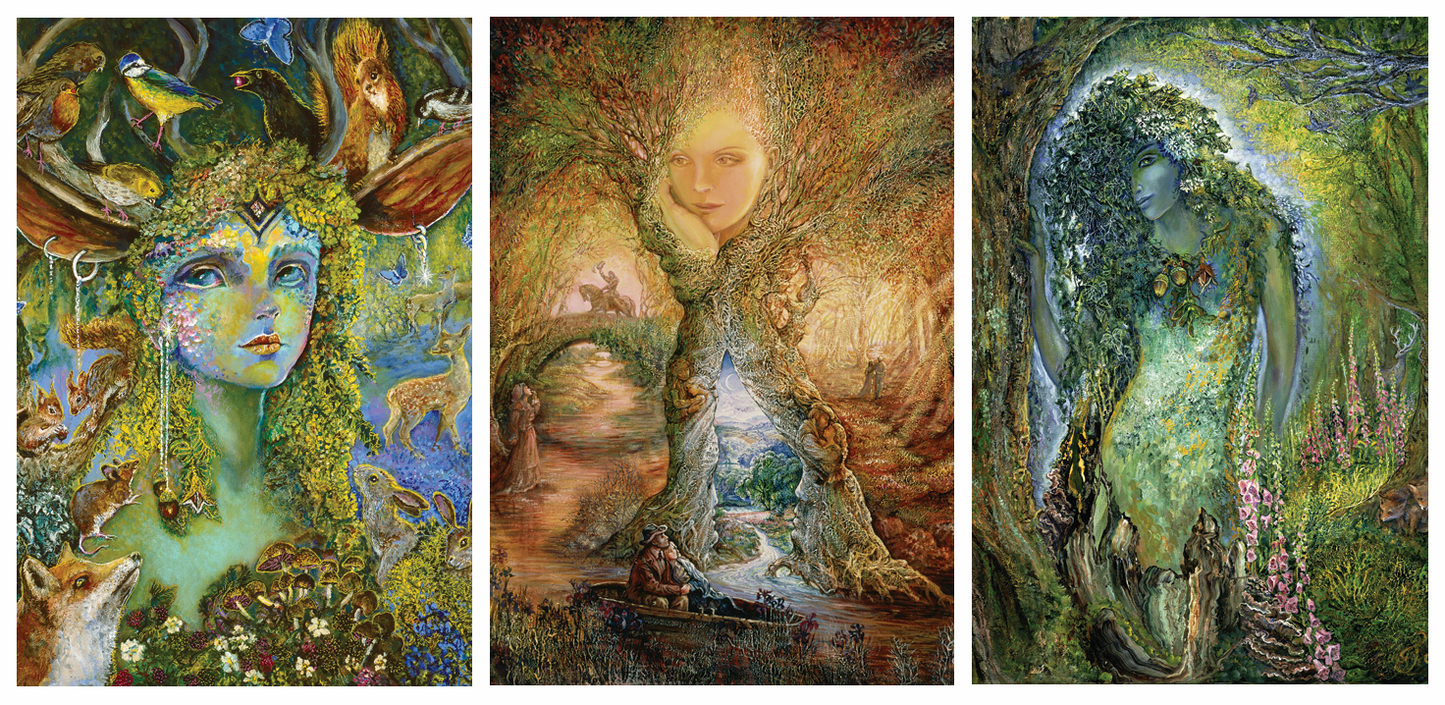 front of sustainable greetings cards with three-panel artwork featuring nature-themed figures with animals and landscapes.