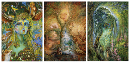 front of sustainable greetings cards with three-panel artwork featuring nature-themed figures with animals and landscapes.