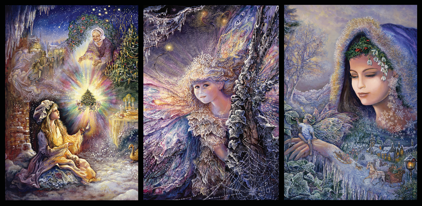 front of sustainable greetings card with Triptych of artistic illustrations featuring christmas themed fantasy art - the little match girl, frost fairy and spirit of winter
