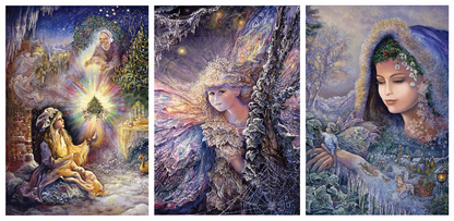 front of sustainable greetings card with Three artistic christmas themed illustrations of a woman, child and fairy in a mystical setting with nature elements.