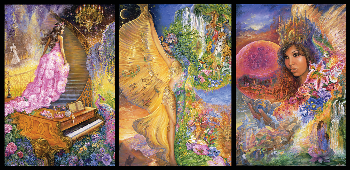 front of sustainable greetings card with Triptych painting with a woman in a pink dress, a winged goddess figure, and a woman in a floral headdress with a colorful background.