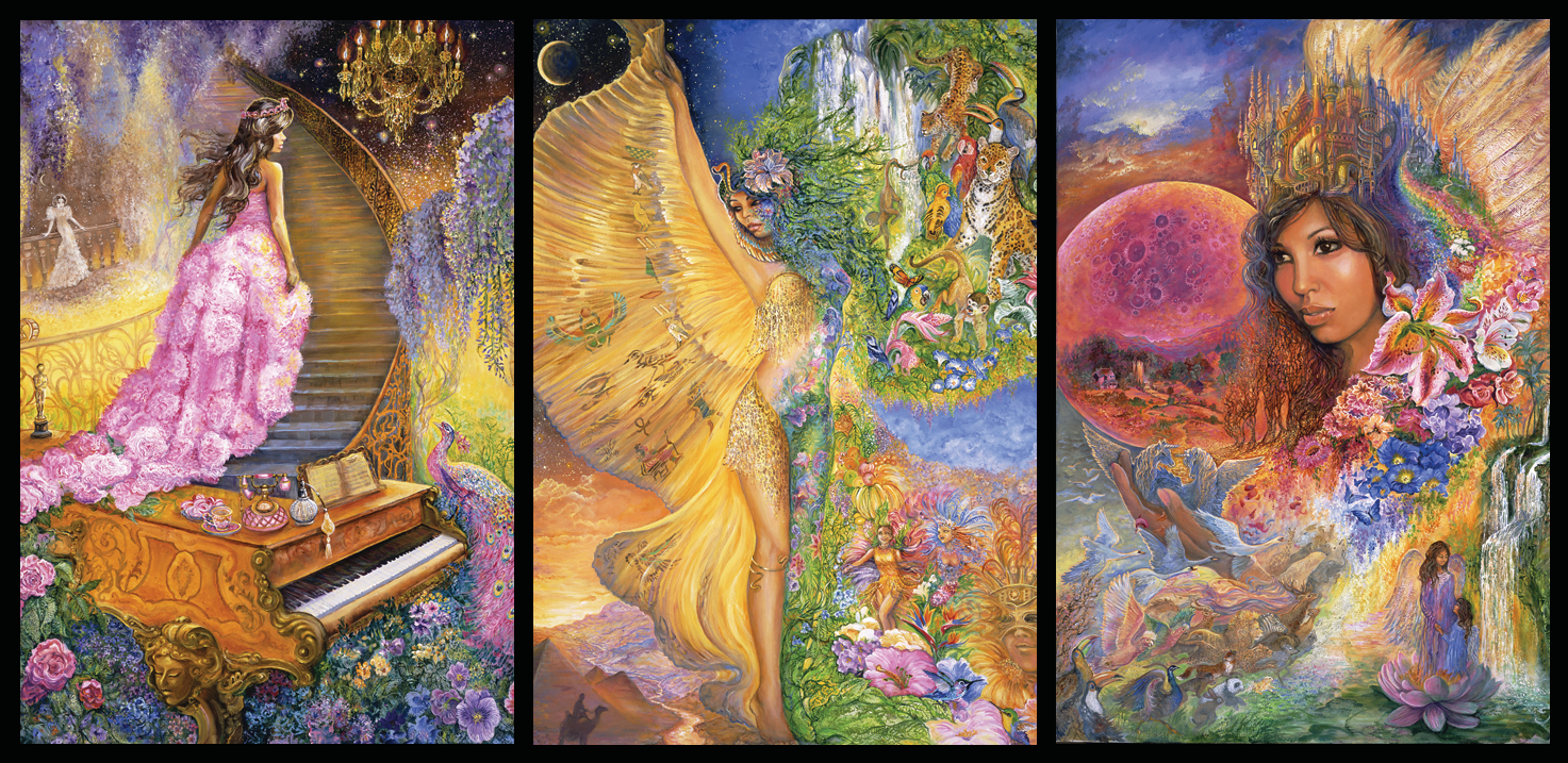 front of sustainable greetings card with Triptych painting with a woman in a pink dress, a winged goddess figure, and a woman in a floral headdress with a colorful background.