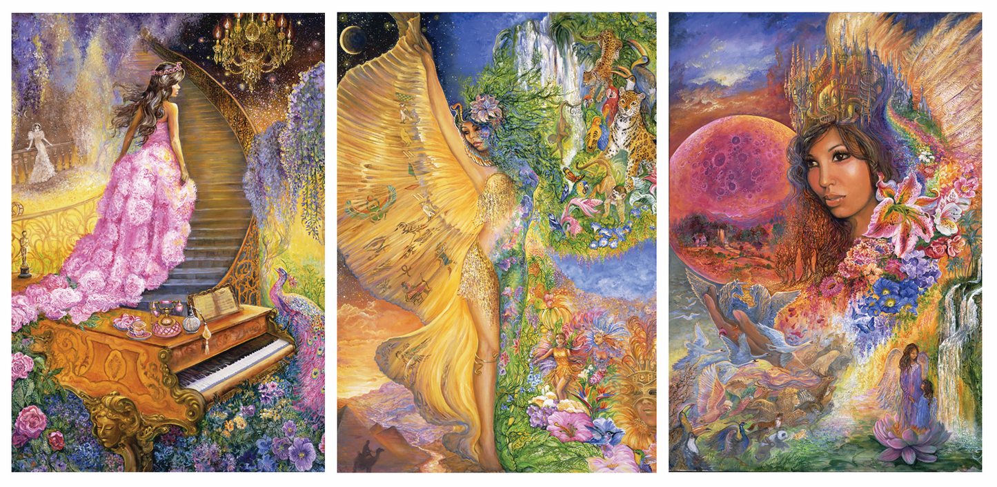 front of sustainable greetings card with Three artistic panels featuring a woman in a pink dress, a goddess, and a woman with flowers, each set against a fantasy landscape.