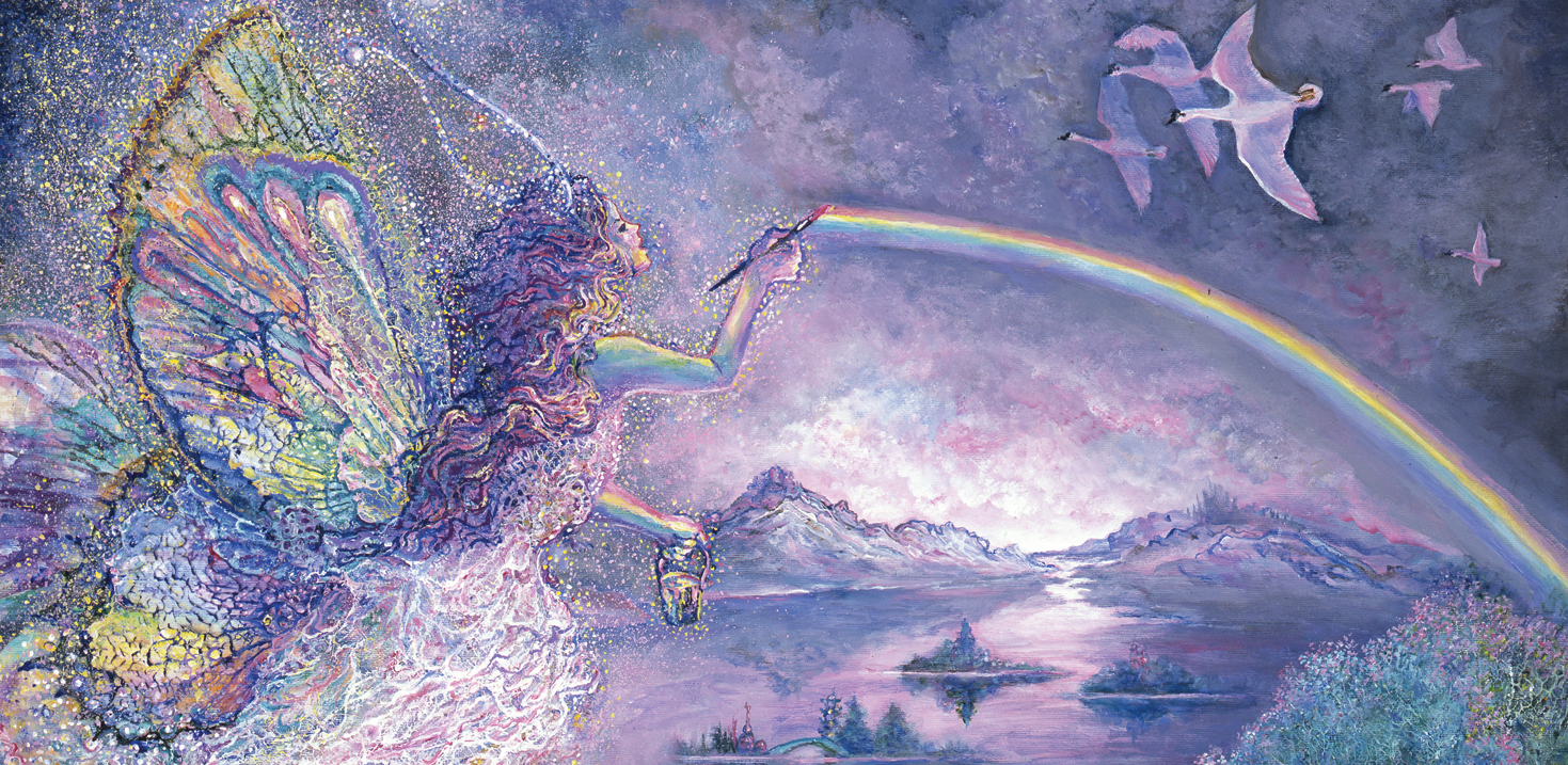 front of sustainable greetings card with Fairy with rainbow and mountains in the background
