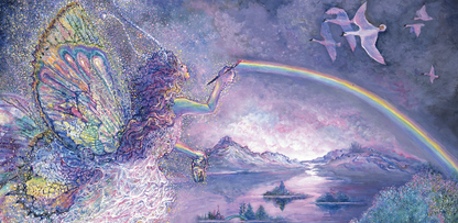front of sustainable greetings card with Fairy with rainbow and mountains in the background