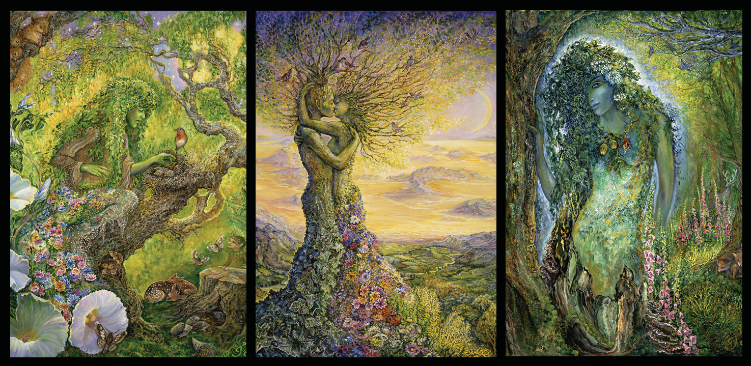 front of sustainable greetings card with Triptych painting of a woman intertwined with nature elements
