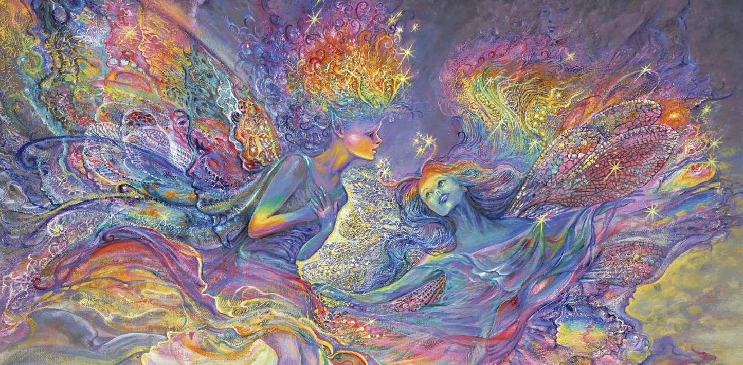 front of the sustainable self-sealing trifold greetings card featuring a Colorful abstract artwork with winged rainbow fairy figures and starry elements