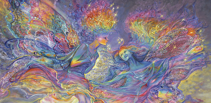 front of the sustainable self-sealing trifold greetings card featuring a Colorful abstract artwork with winged rainbow fairy figures and starry elements