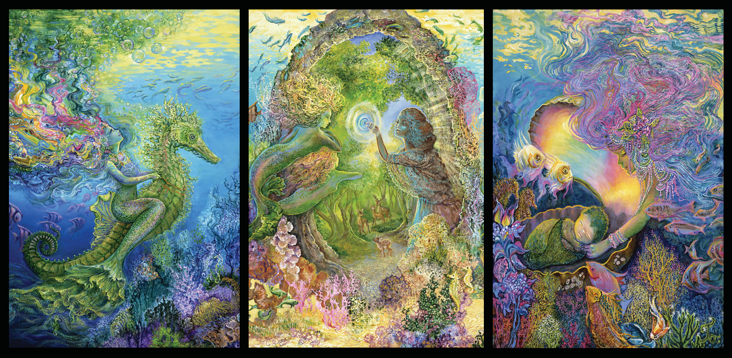 front of sustainable greetings card with Triptych artwork with mermaids and seahorses in an underwater setting