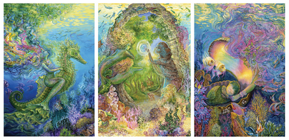 front of the sustainable self-sealing trifold greetings card featuring a Three colorful illustrations of mermaids and seahorses in a fantasy setting.