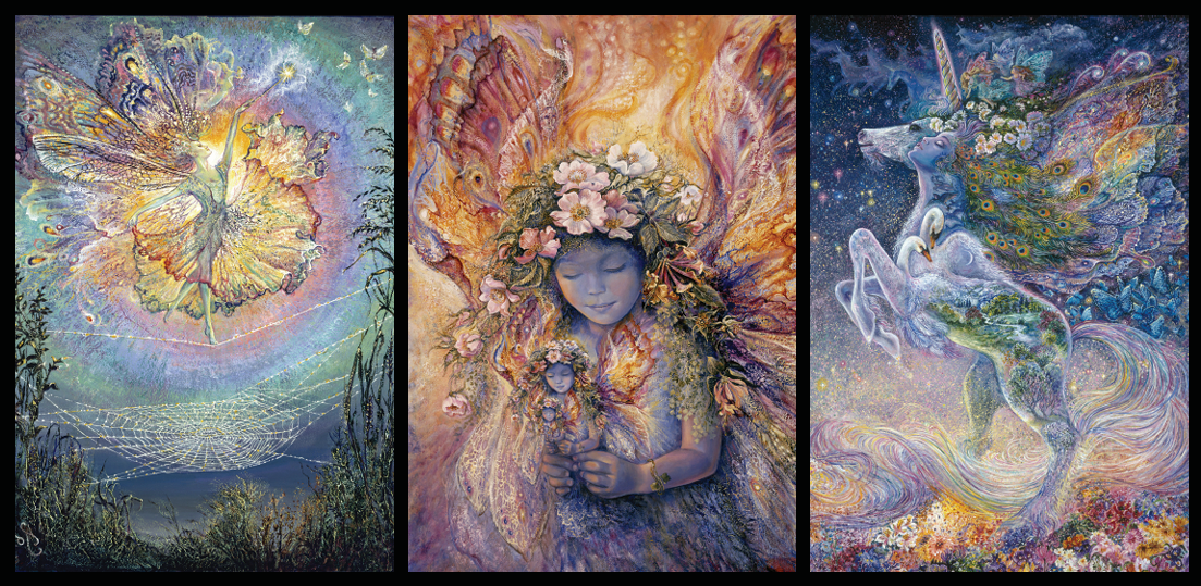 front of sustainable greetings card with colorful fairy and unicorn illustrations in a triptych format.