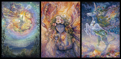 front of sustainable greetings card with colorful fairy and unicorn illustrations in a triptych format.