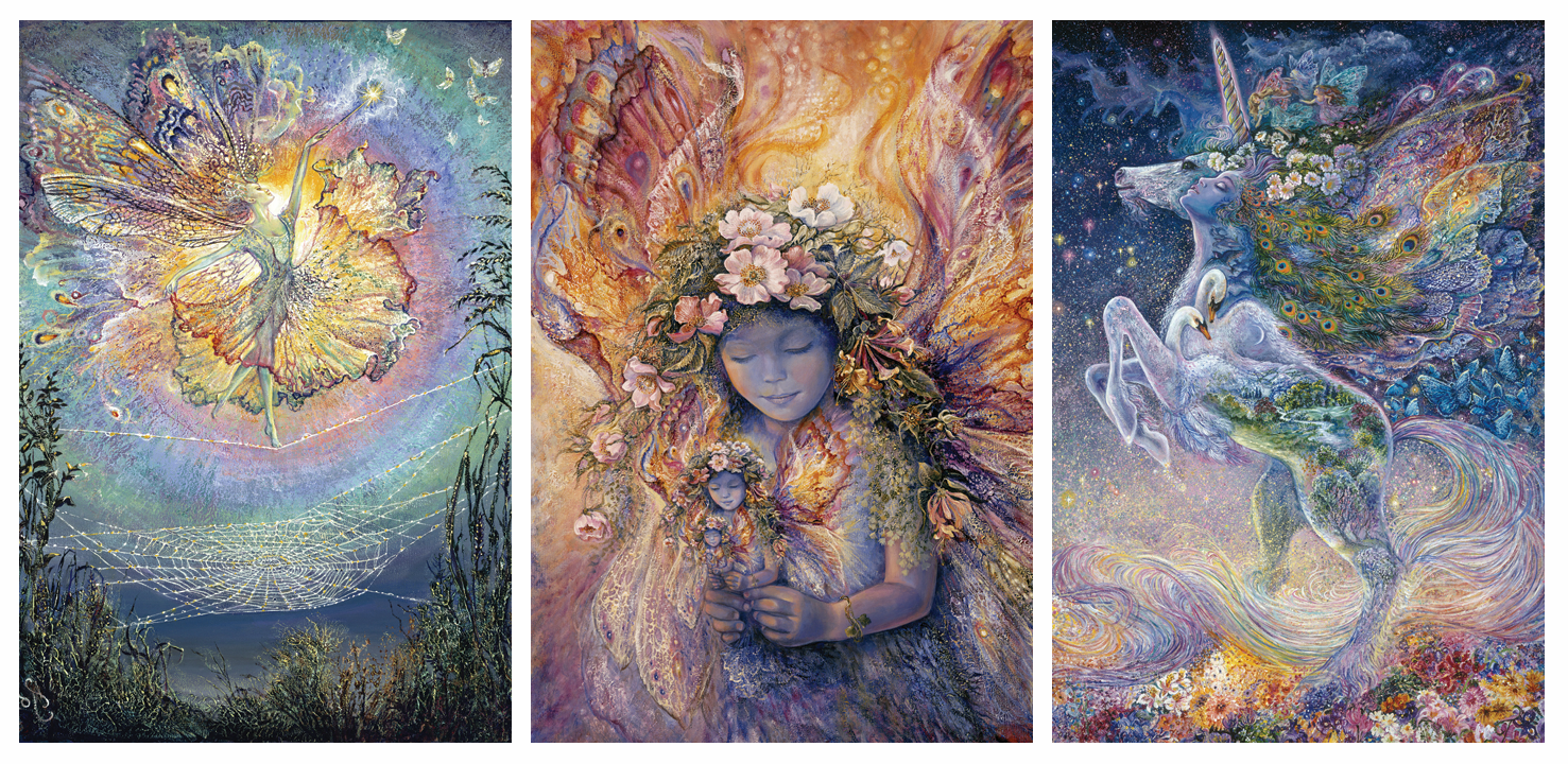 front of sustainable greetings card with Three artistic panels featuring a fairies and a unicorn in a fantasy rainbow setting.