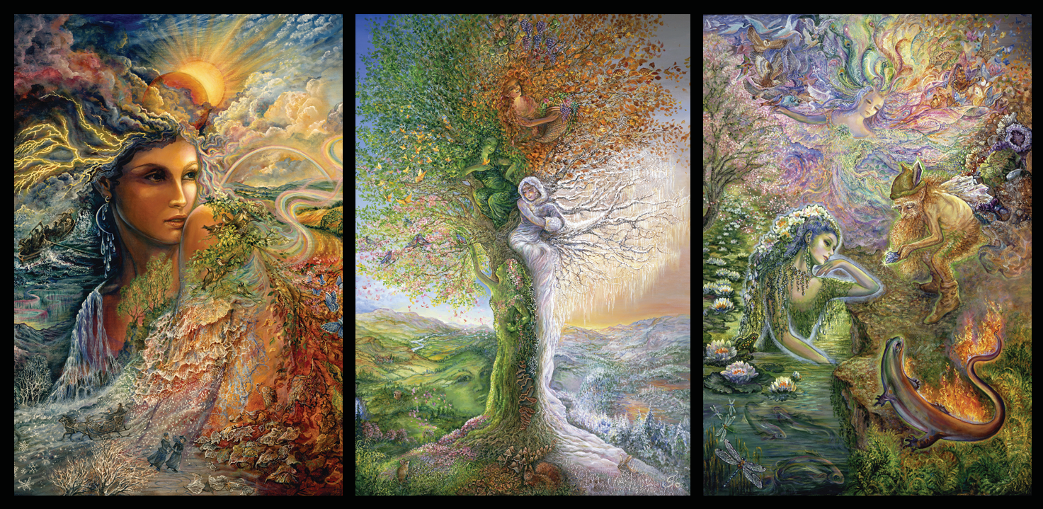 front of sustainable greetings card with Triptych of artistic illustrations featuring nature and mythical elements to depict the four seasons.