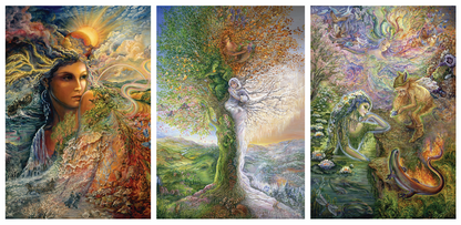 front of sustainable greetings card with Triptych of artistic illustrations featuring women intertwined with nature to depict the four seasons and the elements.