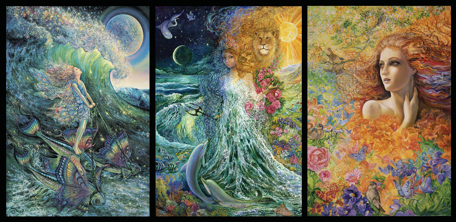front of sustainable greetings card with Triptych of artistic illustrations featuring mermaids, a goddess of the elements and a woman with flowers, set against a fantasy landscape.