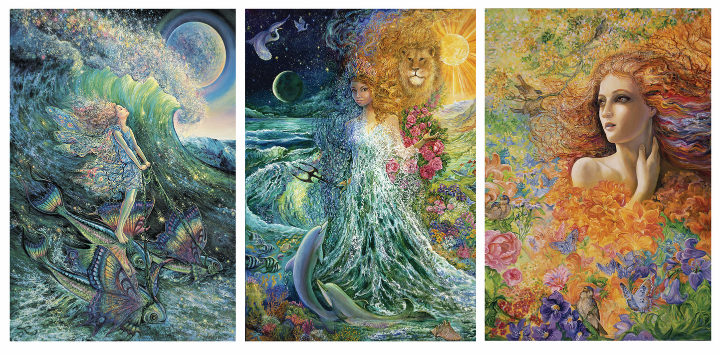 front of sustainable greetings card with Three artistic panels featuring a mermaid, a goddess of the elements, and a woman with red hair and summer flowers.