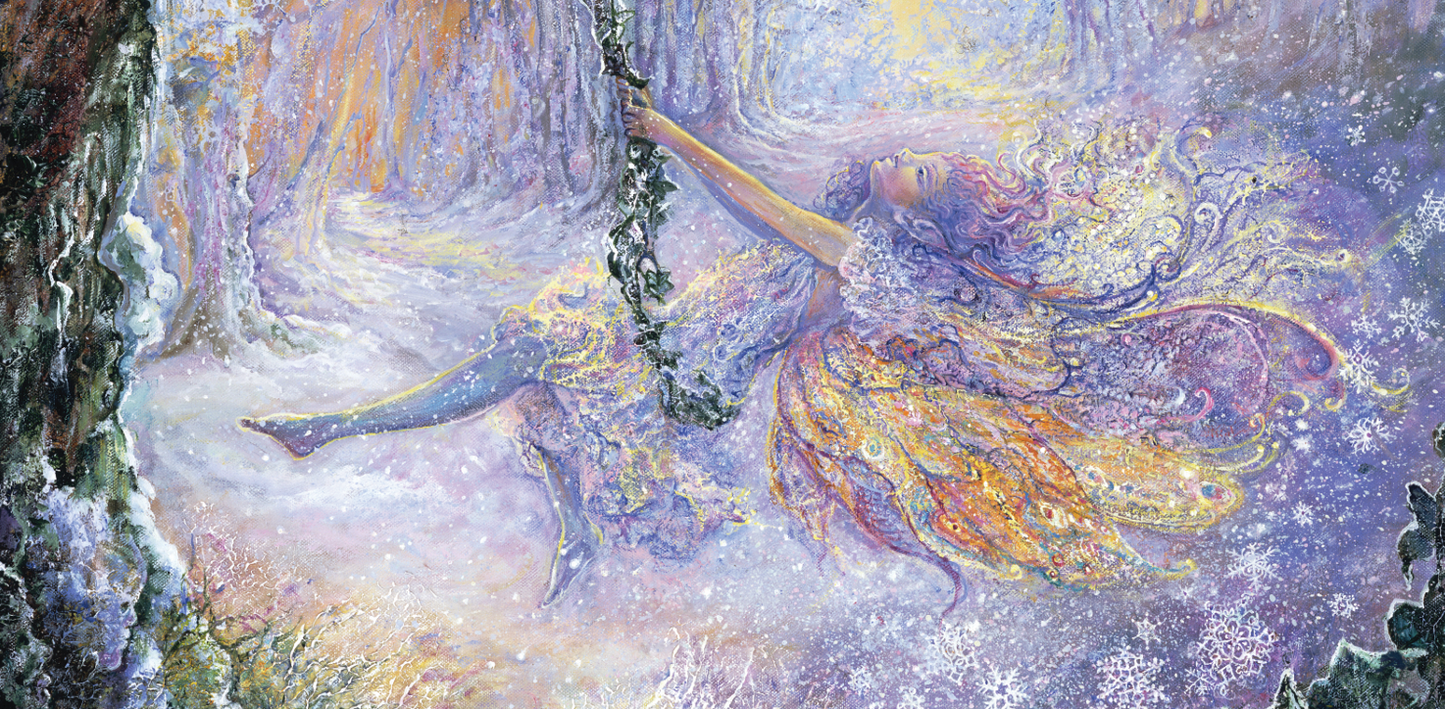 front of the sustainable self-sealing trifold greetings card featuring a magical snow fairy swinging in a forest with a mystical snowflake atmosphere