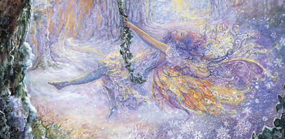 front of the sustainable self-sealing trifold greetings card featuring a magical snow fairy swinging in a forest with a mystical snowflake atmosphere