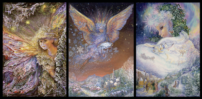 front of sustainable greetings card with Three-panel artwork of Christmas fairies in various snowy settings with detailed backgrounds.