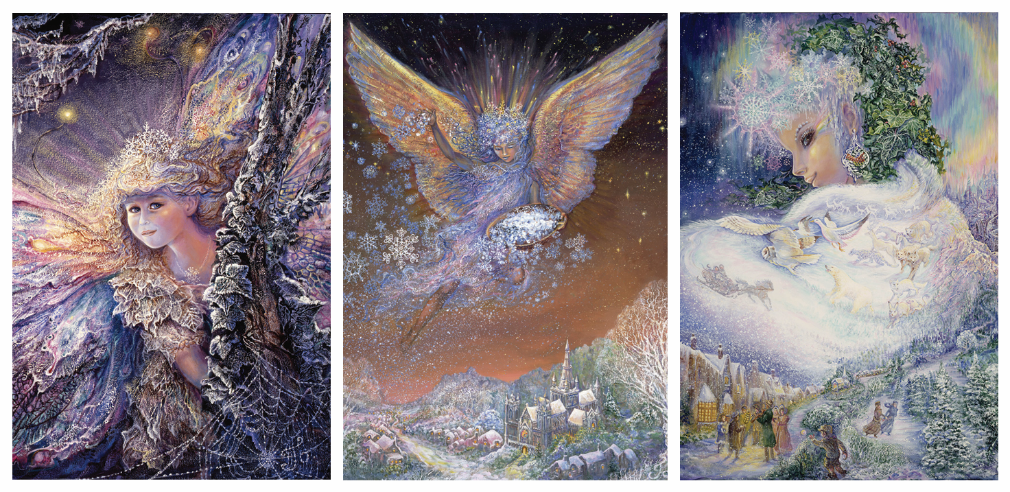 front of trifold sustainable greetings card with Three illustrated angelic figures in a triptych format with a fantasy christmas theme.