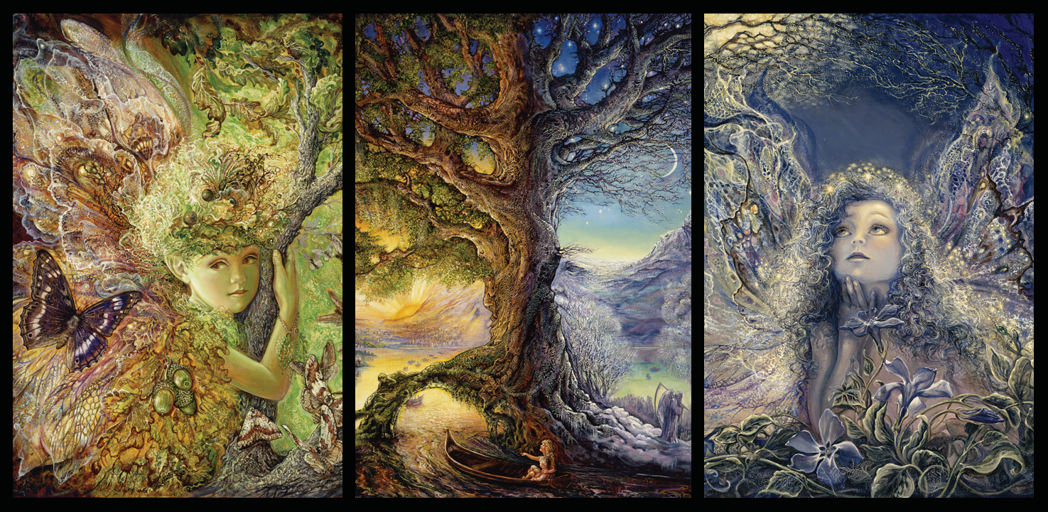 front of sustainable greetings card with Triptych paintings with nature-themed fairy elements and fantasy figures.