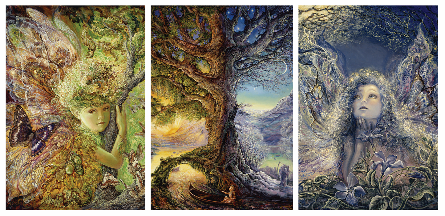 front of sustainable greetings card with Three-panel artwork featuring fantasy elements with trees, creatures, and landscapes.