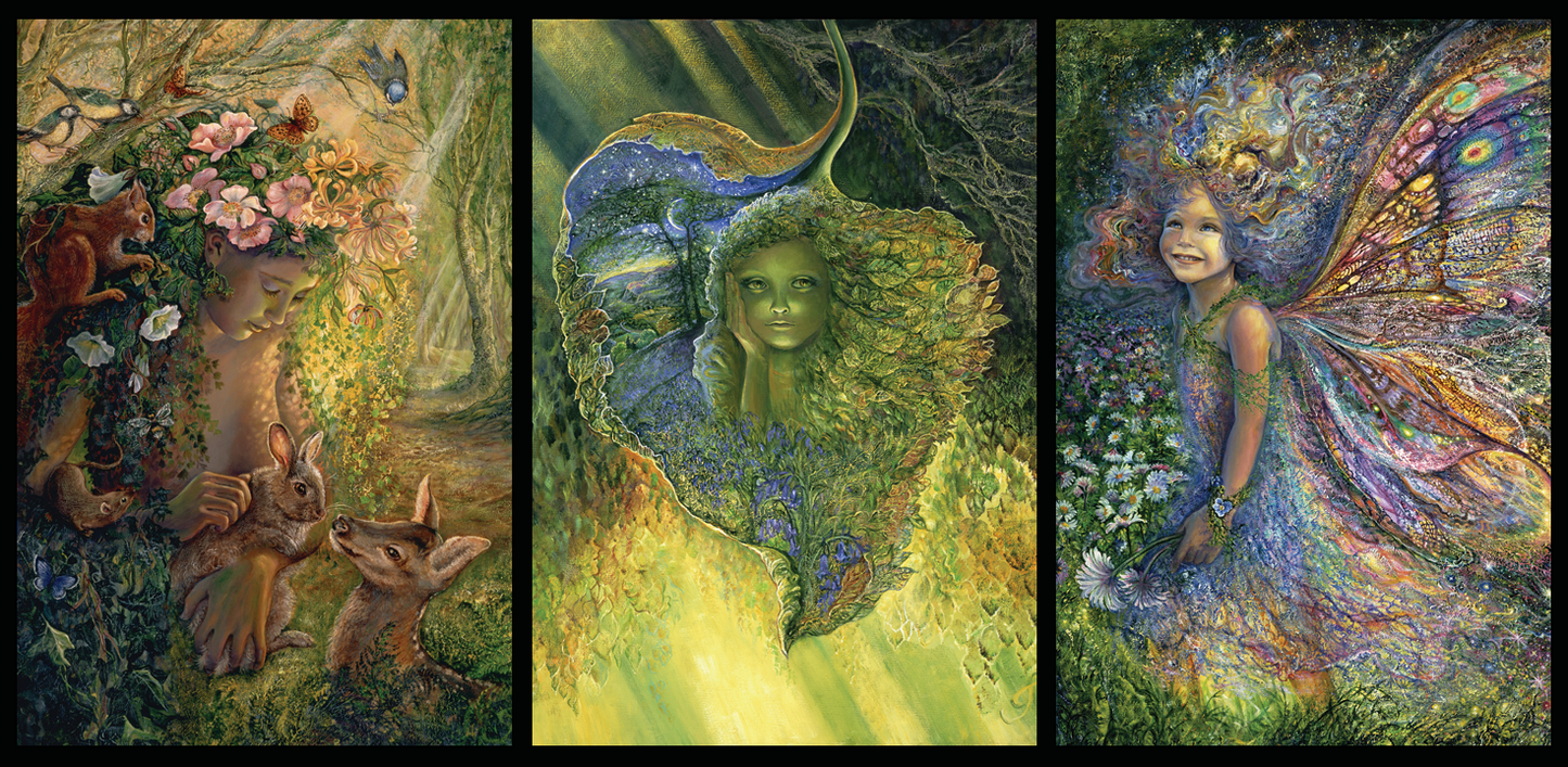 front of trifold sustainable greetings card with Three artistic illustrations of fairies and nature elements.