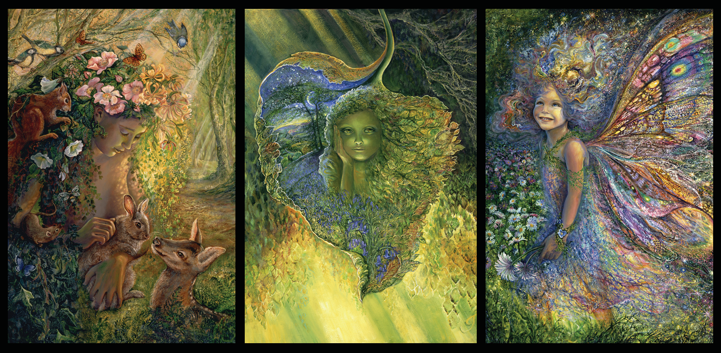 front of trifold sustainable greetings card with Three artistic illustrations of fairies and nature elements.