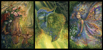 front of trifold sustainable greetings card with Three artistic illustrations of fairies and nature elements.