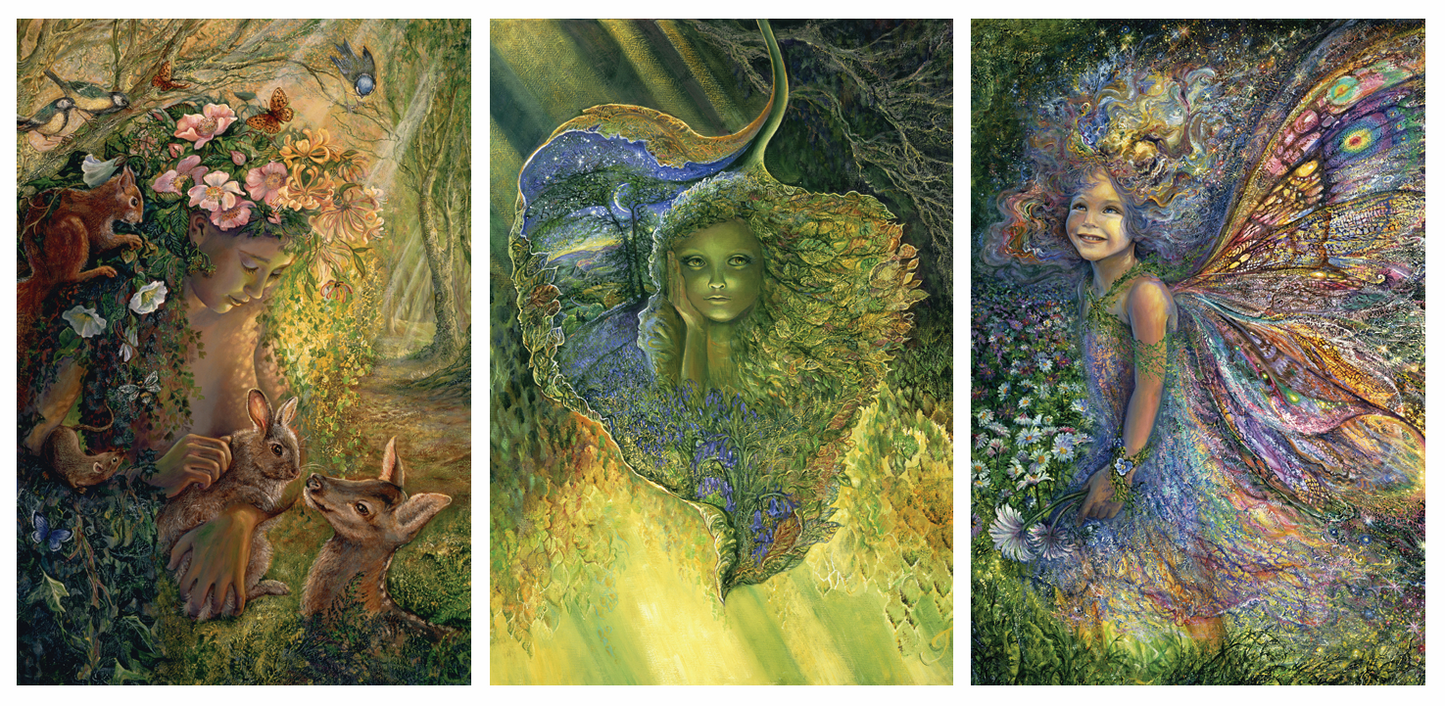 front of trifold sustainable greetings card with Three artistic illustrations of fairies and nature elements.