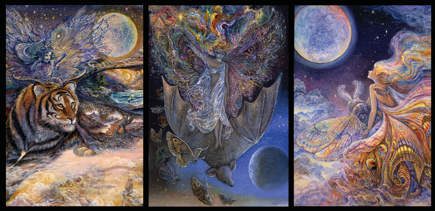 front of sustainable greetings card with Triptych of fantasy artwork featuring a tiger moth fairy, fairy riding a bat, and a fairy flying to the moon.