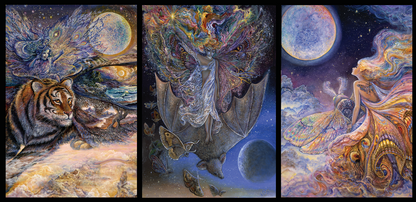 front of sustainable greetings card with Triptych of fantasy artwork featuring a tiger moth fairy, fairy riding a bat, and a fairy flying to the moon.