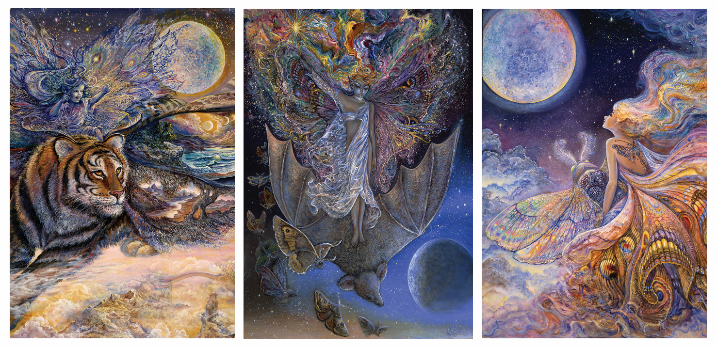 front of sustainable greetings card with Three-panel artwork featuring fantasy creatures of a tiger and bat and celestial fairy elements.