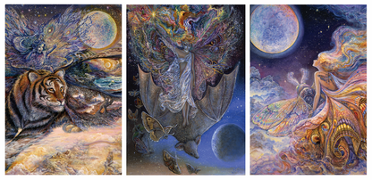front of sustainable greetings card with Three-panel artwork featuring fantasy creatures of a tiger and bat and celestial fairy elements.