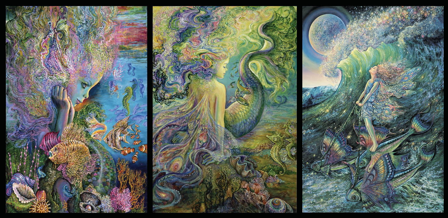 front of sustainable greetings cards with Triptych painting of mermaids and sea creatures in a fantasy underwater scene.