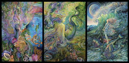front of sustainable greetings cards with Triptych painting of mermaids and sea creatures in a fantasy underwater scene.