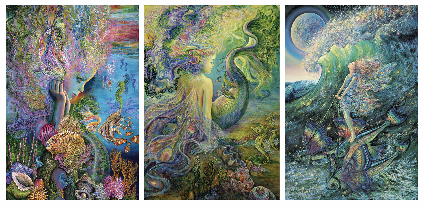 front of sustainable greetings card with Three-panel artwork of mermaids and sea creatures in a fantasy setting.